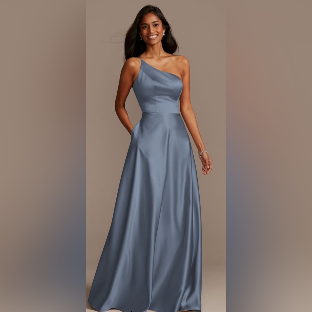 David’s bridal one shoulder charmeuse satin bridesmaid dress steel blue size 14